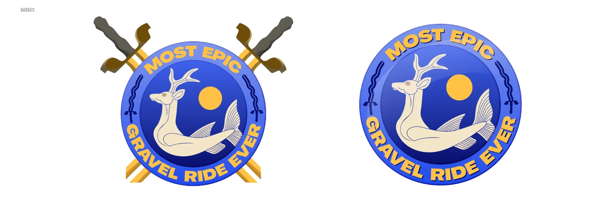 Two round badges with a deer with a fish's tail