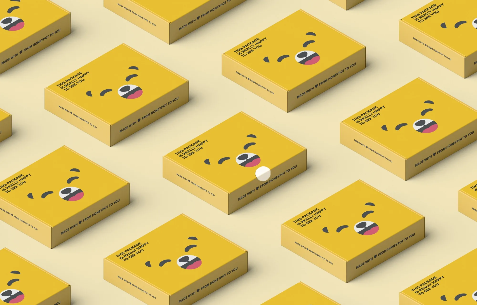 Rows of yellow Honeypot boxes: 'This package is really happy to see you'