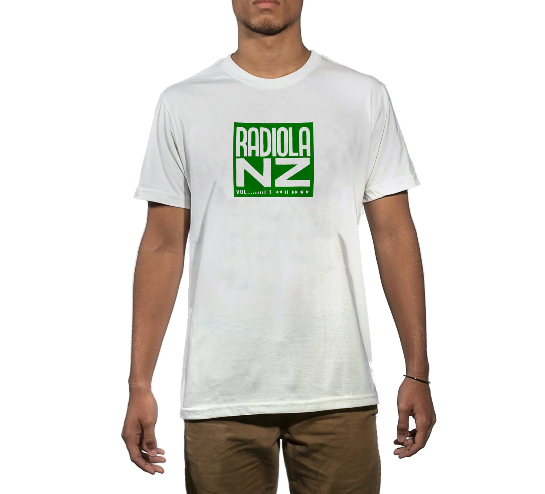 White t-shirt with the green Radiola NZ box