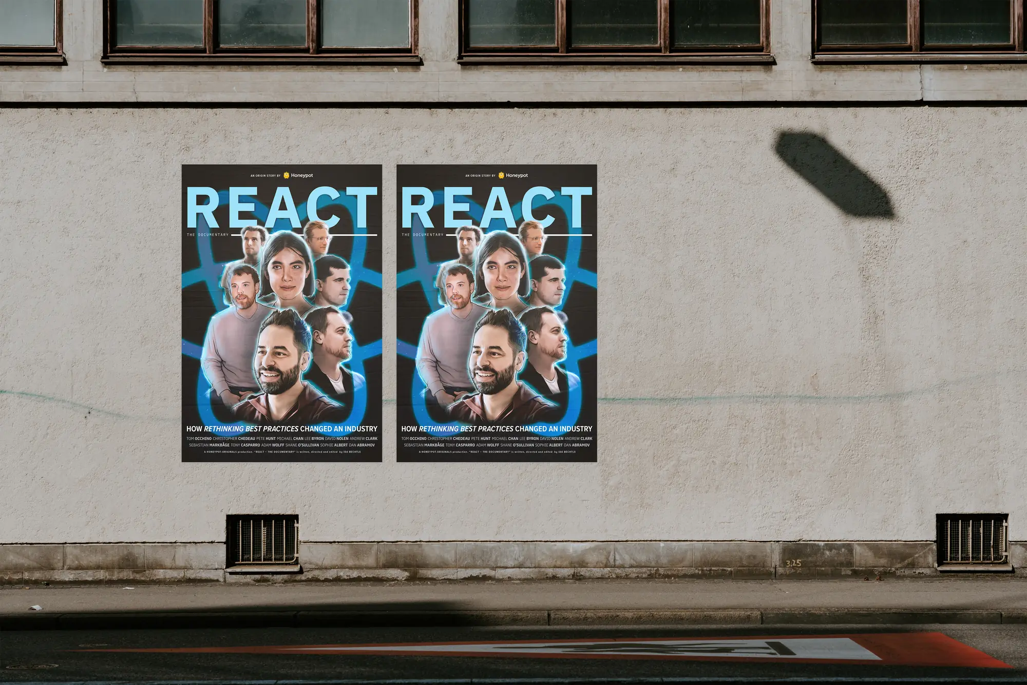 React documentary posters on a street wall