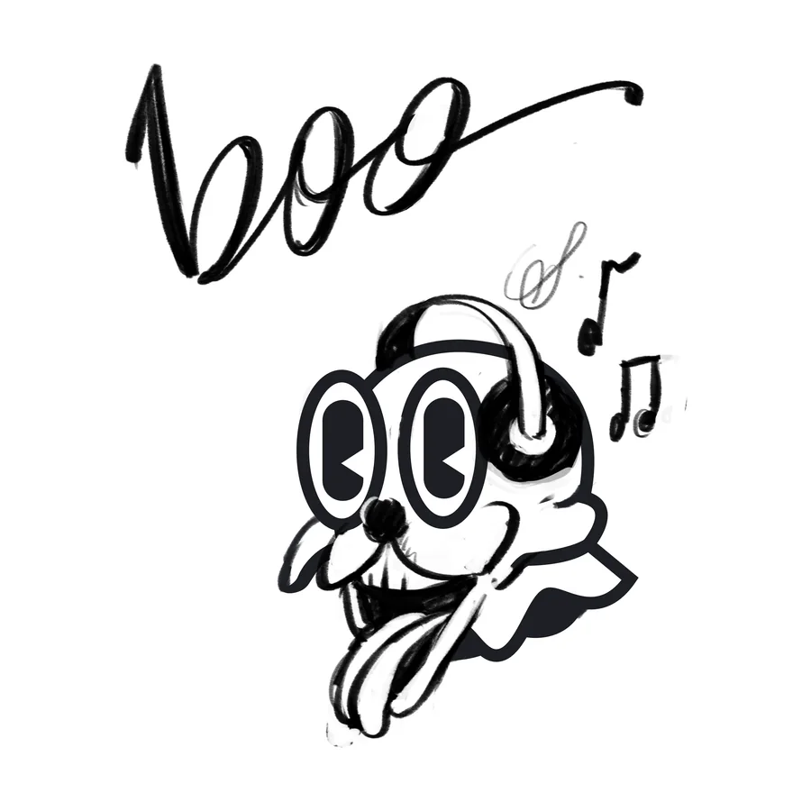 Sketch: a ghost with headphones, saying boo