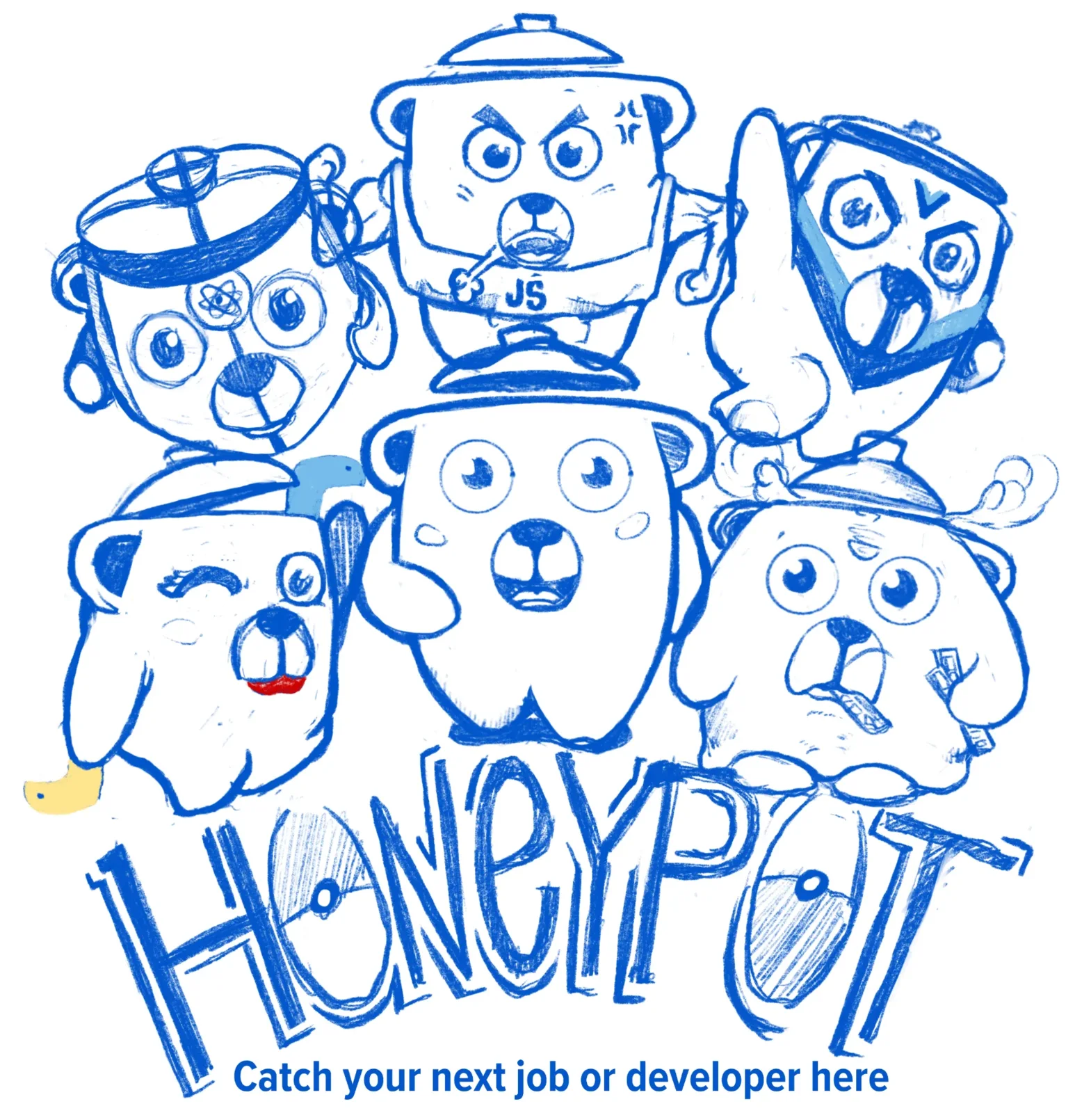 Pencil sketch of the six Honeypot bears above the hand-lettered logo